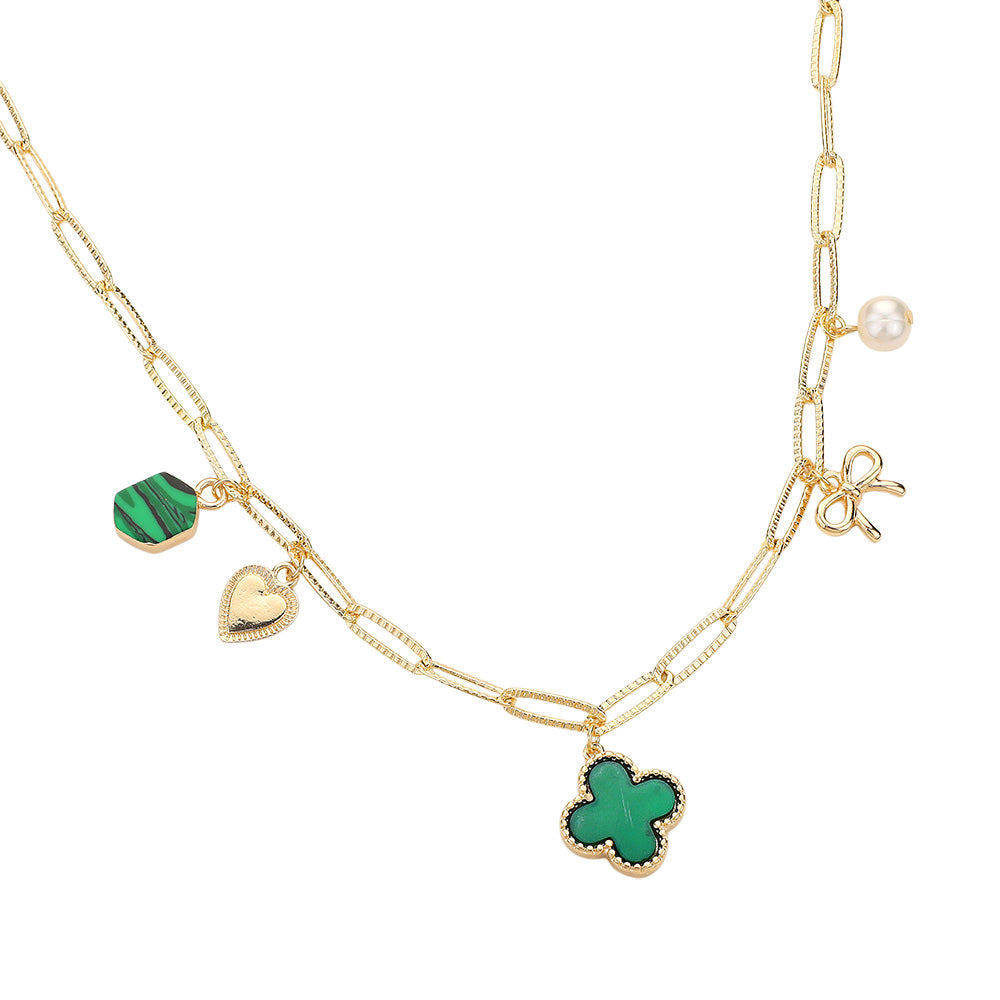 Gold  Green Quatrefoil Bow Heart Pearl Charm Station Paperclip Chain Necklace is expertly crafted with a unique design, combining a delicate paperclip chain with charming quatrefoil, bow, and pearl details. Made with high-quality materials, this necklace is elegant and versatile, perfect for any occasion.