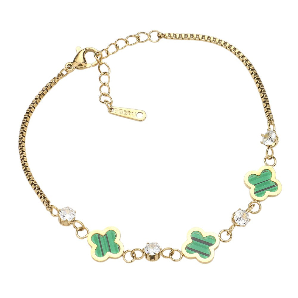 Gold Green Stainless Steel Quatrefoil Stone Bezel Station Bracelet features a durable and stylish design. Crafted from high-quality stainless steel, it showcases a lovely quatrefoil stone bezel that adds a touch of elegance. Perfect for any occasion, this bracelet is a timeless addition to your jewelry collection.