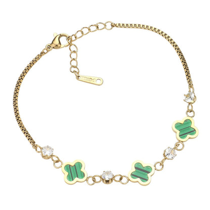 Stainless Steel Quatrefoil Stone Bezel Station Bracelet - Gold Green - Bracelets