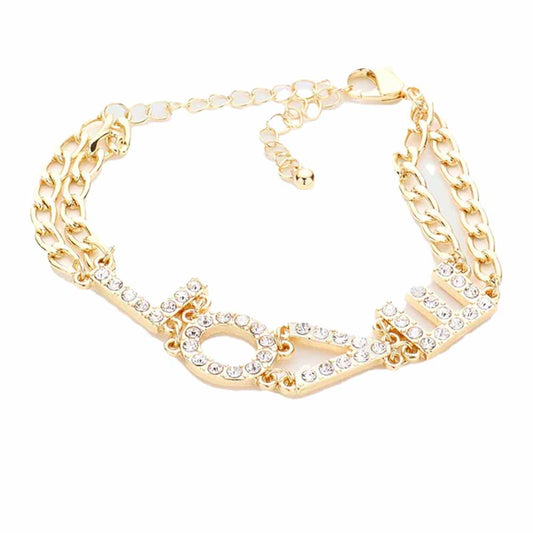 Gold Love Rhinestone Embellished Message Bracelet perfect for adding just the right amount of shimmer & shine to your outfit. Perfect Birthday Gift, Anniversary Gift, Mother's Day Gift, Valentine's Day Gift, Regalo Cumpleanos, Regalo Dia Del Amor, Regalo Del Dia de las Madres, Graduation Gift