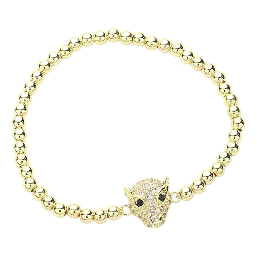 CZ Stone Paved Leopard Panther Stainless Steel Ball Stretch Bracelet