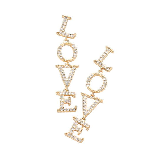 Gold Love CZ Message Link Dangle Evening Earrings are perfect for a glamorous evening out. The stunning design features CZ stones and a delicate link chain, adding a touch of elegance to any outfit. Express your love with these beautiful earrings that make a statement without saying a word.