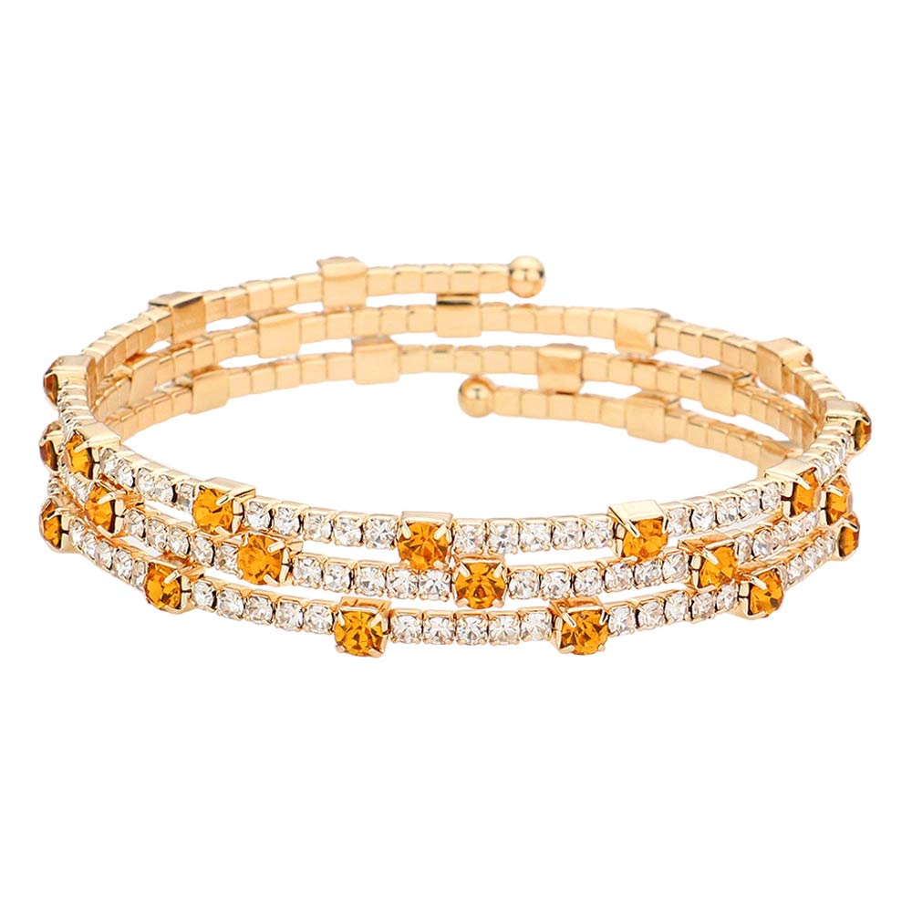 Gold Lt Col Topaz Rhinestone Coil Evening Bracelet, get ready with this rhinestone bracelet to receive the best compliments on any special occasion. This classy evening bracelet is perfect for parties, Weddings, and Evenings. Awesome gift for birthdays, anniversaries, Valentine’s Day, or any special occasion.