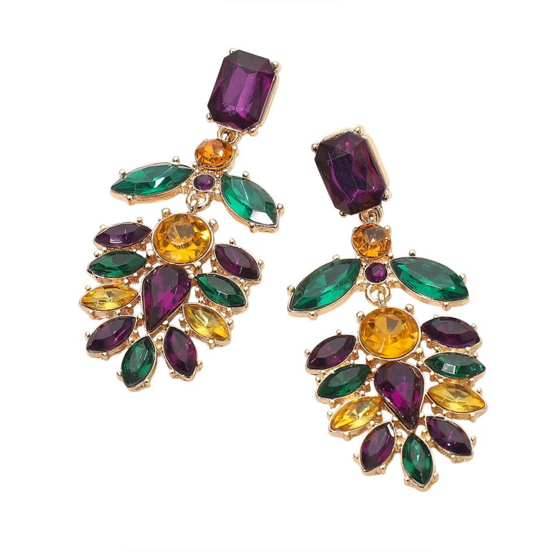 Gold Statement drop earrings featuring a dramatic floral-inspired silhouette with faceted stone details for bold, eye-catching style. Designed to add elegance and impact, these earrings elevate party outfits, special occasions, and evening looks while offering standout appeal for boutique collections.