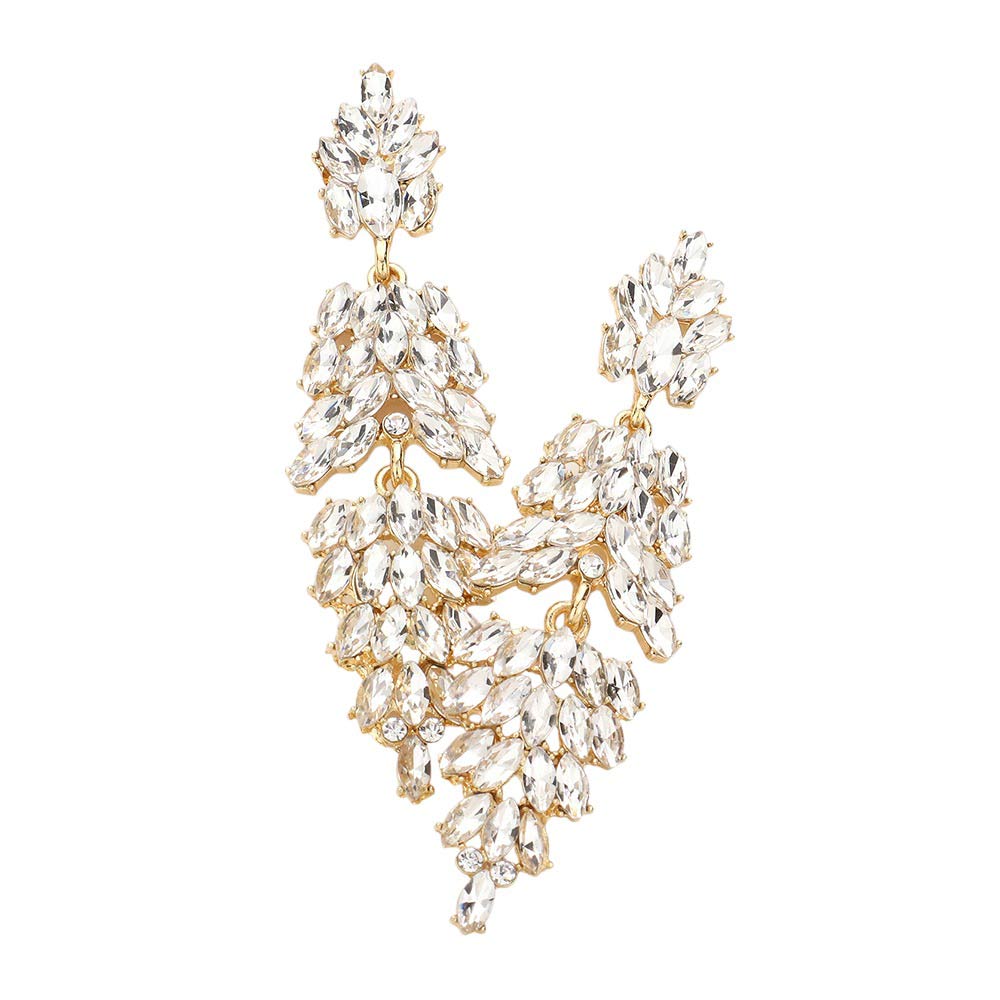 Gold Marquise Crystal Cluster Drop Evening Earrings, looks like the ultimate fashionista with these evening earrings! The perfect sparkling earrings adds a sophisticated & stylish glow to any outfit. Ideal for parties, weddings, graduation, prom, holidays, pair these earrings with any ensemble for a polished look.