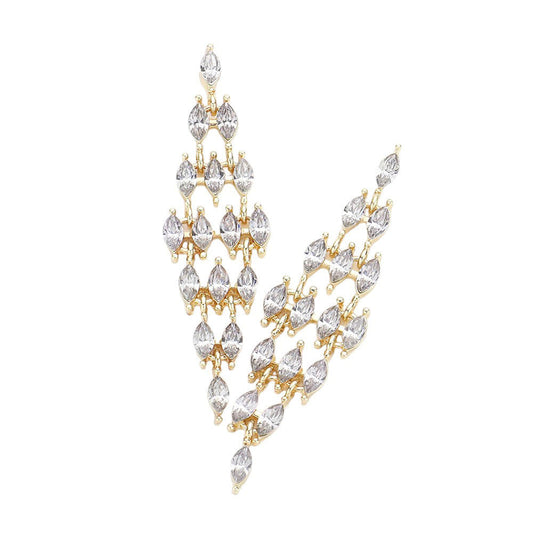 Gold Marquise Stone Cluster Chandelier Evening Earrings. Embrace the grandeur of these intricate clusters of marquise stones, these earrings add a touch of elegance and sophistication to any evening ensemble. Be the center of attention and dazzle in luxury with these exclusive earrings.