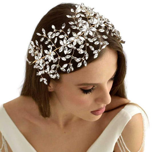 Gold Marquise Stone Cluster Vine Bun Wrap Headpiece Necklace, Transforms effortlessly from headpiece to necklace, showcasing a delicate vine design and dazzling marquise-cut stones. Dressing for a special occasion or adding glamour to any outfit, this is a versatile accessory for timeless elegance. A perfect gift choice.