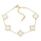 Gold Mother of Pearl Stainless Steel Quatrefoil Station Bracelet is both elegant and durable, making it the perfect accessory for any occasion. The mother-of-pearl accents add a touch of sophistication, while the stainless steel material ensures long-lasting wear. Showcase your style with this stunning bracelet.