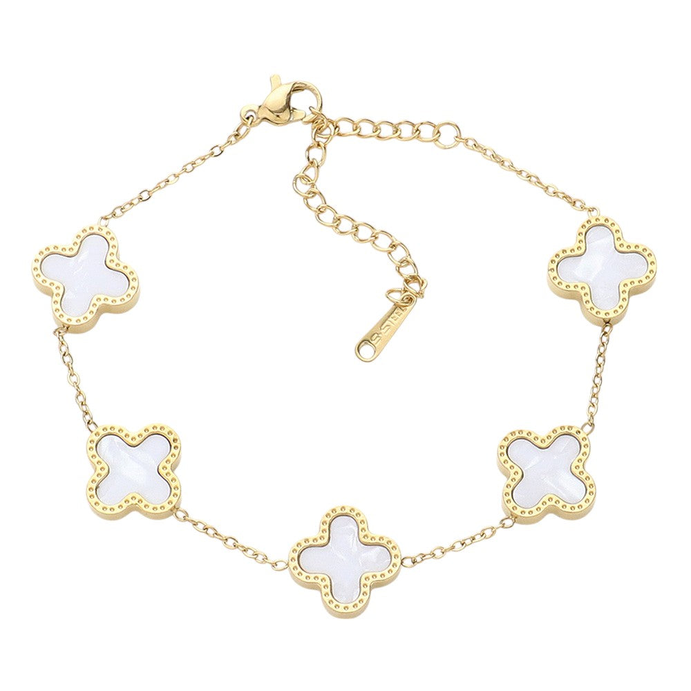 Mother Of Pearl Stainless Steel Quatrefoil Station Bracelet - Gold Mother of Pearl - Bracelets