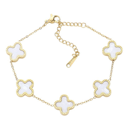 Mother Of Pearl Stainless Steel Quatrefoil Station Bracelet - Gold Mother of Pearl - Bracelets