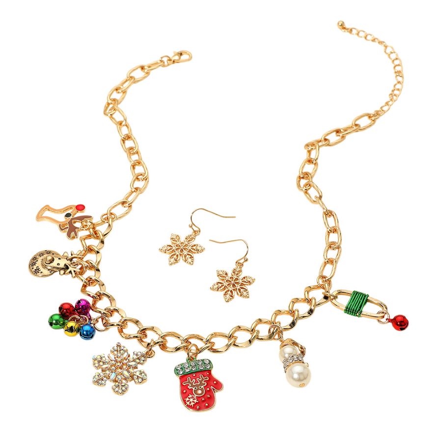 Holiday necklace featuring festive charms like mittens, bells, snowflakes, and reindeer. Comes with matching snowflake earrings. A cheerful accessory for seasonal events or gifting.