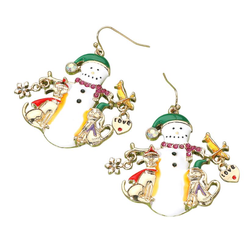 Celebrate the season with these charming snowman earrings adorned with cat and dog charms, festive accessories, and playful details. A perfect holiday accessory for pet lovers, these earrings add a whimsical and joyful touch to your Christmas party outfit or gift list.