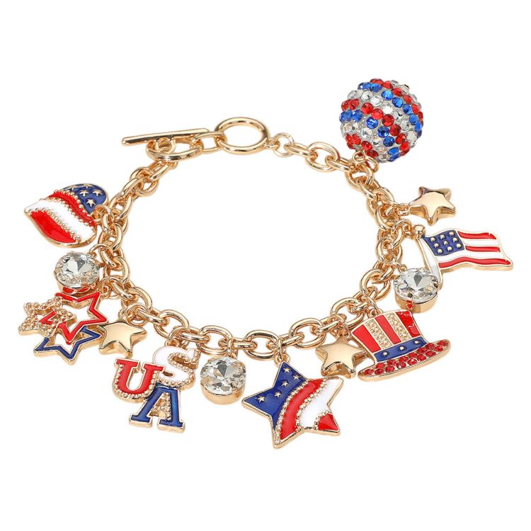 Gold Multi Celebrate patriotic spirit with this USA-themed charm bracelet featuring detailed charms like stars, flags, and festive symbols. A bold accessory perfect for national holidays, parades, or everyday expression of pride.