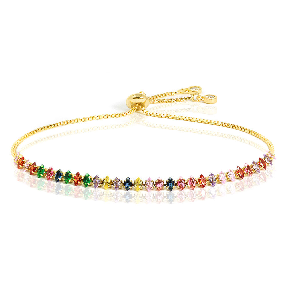 Gold Multi Stainless Steel Marquise CZ Tennis Chain Pull Tie Adjustable Bracelet combines a modern design with durable materials. Expertly crafted with stainless steel and CZ stones, it offers comfort, versatility, and elegance. This must-have accessory adds a touch of luxury to any outfit.