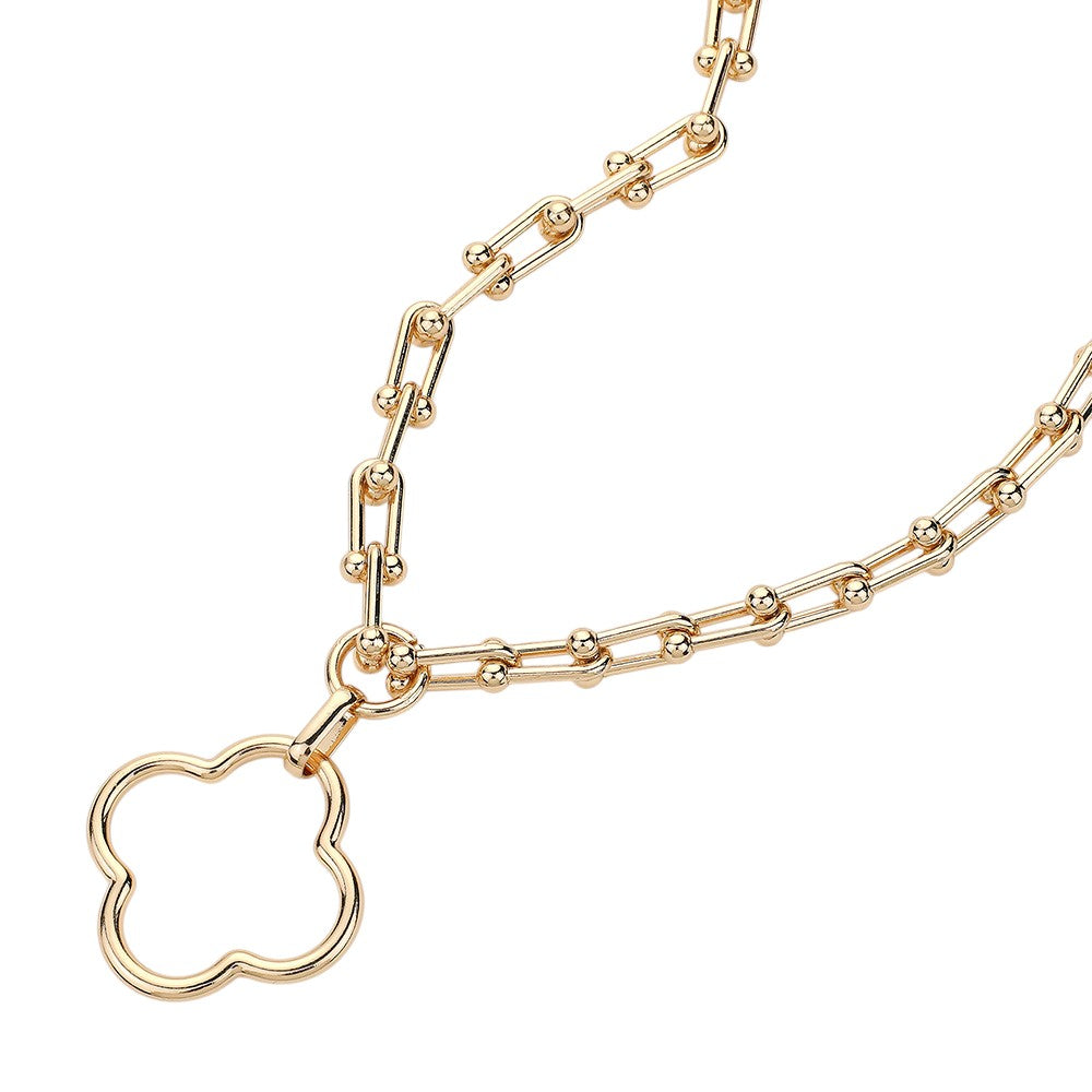 Gold Open Quatrefoil Pendant Hardware Chain Necklace is a stunning accessory that adds a touch of elegance to any outfit. The intricate quatrefoil pendant design is crafted with durable hardware chain for a unique and eye-catching look. Elevate your style with this expertly crafted necklace.