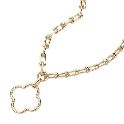 Gold Open Quatrefoil Pendant Hardware Chain Necklace is a stunning accessory that adds a touch of elegance to any outfit. The intricate quatrefoil pendant design is crafted with durable hardware chain for a unique and eye-catching look. Elevate your style with this expertly crafted necklace.
