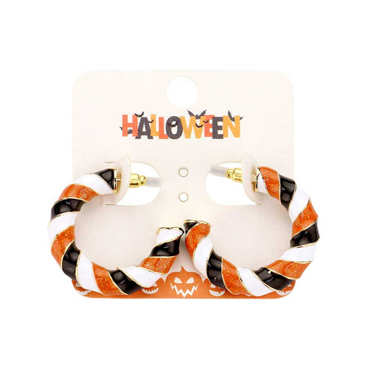 Gold-Orange-Enamel Halloween Twisted Hoop Earrings add a spooky twist to any outfit. Made with high-quality enamel, these earrings are durable and stylish. The twisted hoop design adds a unique touch to your Halloween look. Perfect for any Halloween party or event, these earrings are a must-have for any fashion-forward individual.