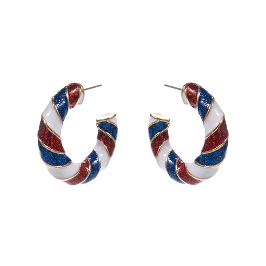 Gold Add a pop of patriotic sparkle with these spiral hoop earrings. Featuring red, white, and blue glitter stripes with gold trim, they're perfect for July 4th, Memorial Day, and festive flair all year round. Lightweight and eye-catching!