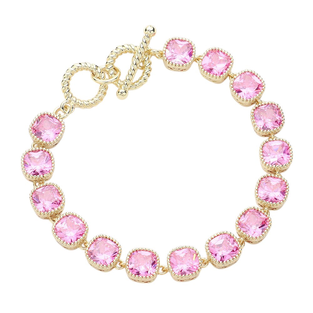 14K Gold Plated Square CZ Stone Link Evening Toggle Bracelet - Gold Pink - Bracelet