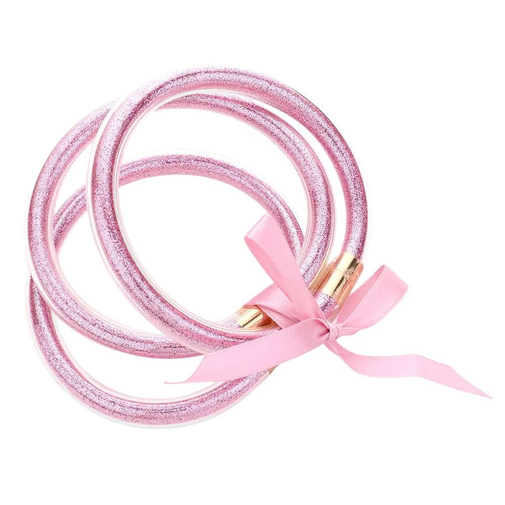 Gold Pink 3PCS Glitter Jelly Tube Bangle Bracelet, Introduce some sparkle to your accessory collection with our bracelet set. Made with high-quality materials, these bracelets are both durable and eye-catching. This stunning bracelet set is the perfect winter gift, adding a touch of sparkle to your loved ones accessories!