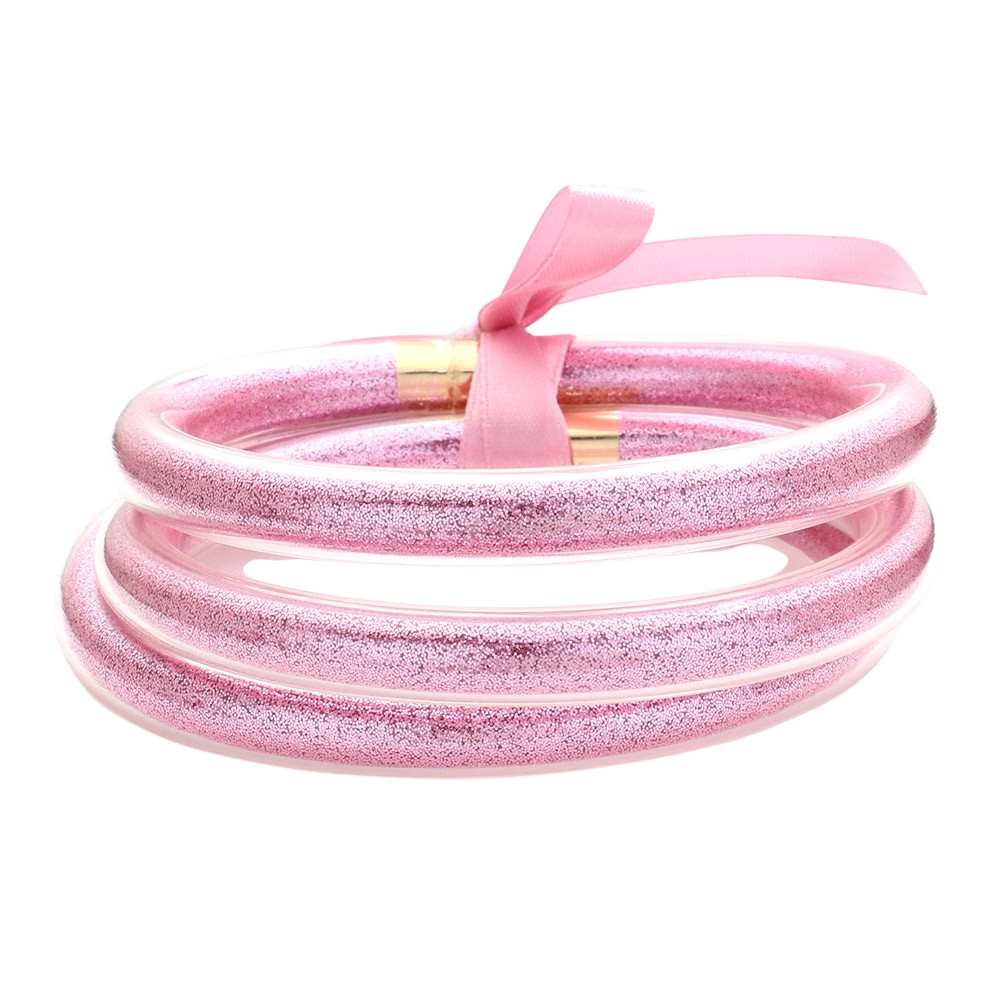 Gold Pink 3PCS Glitter Jelly Tube Bangle Bracelet, Introduce some sparkle to your accessory collection with our bracelet set. Made with high-quality materials, these bracelets are both durable and eye-catching. This stunning bracelet set is the perfect winter gift, adding a touch of sparkle to your loved ones accessories!