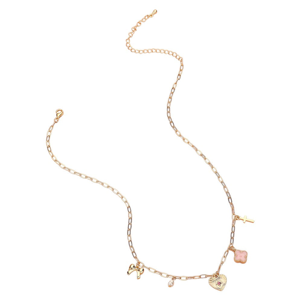 Gold Pink Heart Bow Pearl Quatrefoil Cross Charm Station Paperclip Chain Necklace is a timeless addition to any jewelry collection. The delicate details of the heart-shaped charm and pearl quatrefoil cross add a touch of sophistication to any outfit. The sturdy paperclip chain ensures durability and easy wear. Perfect for any occasion, it's a must-have for every fashion-forward individual.