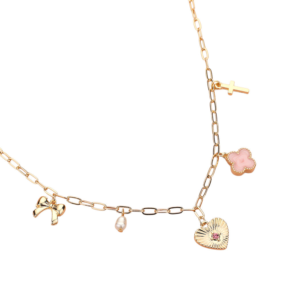 Gold Pink Heart Bow Pearl Quatrefoil Cross Charm Station Paperclip Chain Necklace is a timeless addition to any jewelry collection. The delicate details of the heart-shaped charm and pearl quatrefoil cross add a touch of sophistication to any outfit. The sturdy paperclip chain ensures durability and easy wear. Perfect for any occasion, it's a must-have for every fashion-forward individual.
