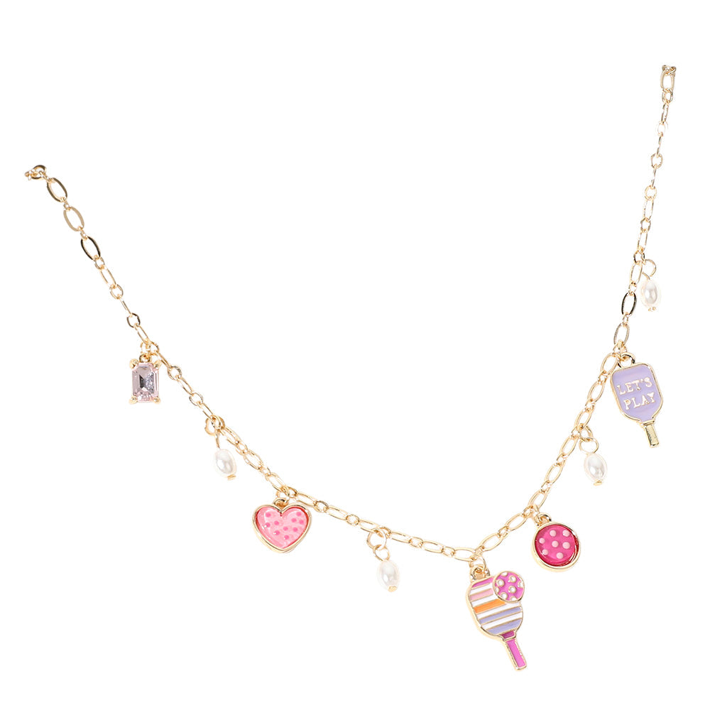 Gold Pink Let's Play Message Enamel Pickleball Pearl Charm Station Necklace is a must-have for any pickleball enthusiast. The stunning pearl charm and enamel design add a touch of elegance, while the "Let's Play" message promotes a sense of fun and camaraderie. Show off your love for this popular sport with style and grace.