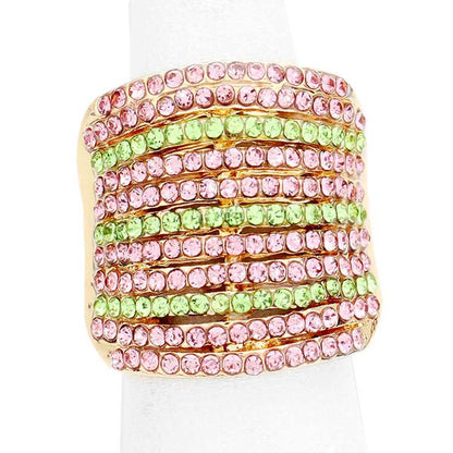 Rhinestone Pave Multi Row Stretch Ring - Gold Pink&Green - Rings
