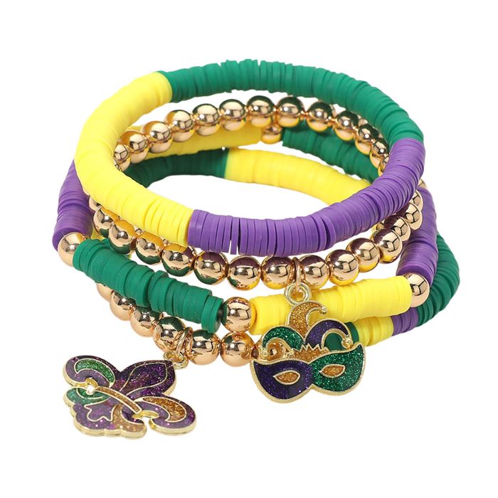 Gold, Purple , Yellow Celebrate festive moments with this Mardi Gras charm stretch bracelet set featuring layered bead textures and iconic themed charms. Designed for comfortable stretch wear, these bracelets are perfect for parades, parties, seasonal displays, and eye-catching accessory assortments.