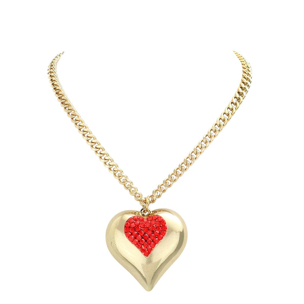 Crystal pave chunky heart pendant necklace - Gold Red - Necklaces