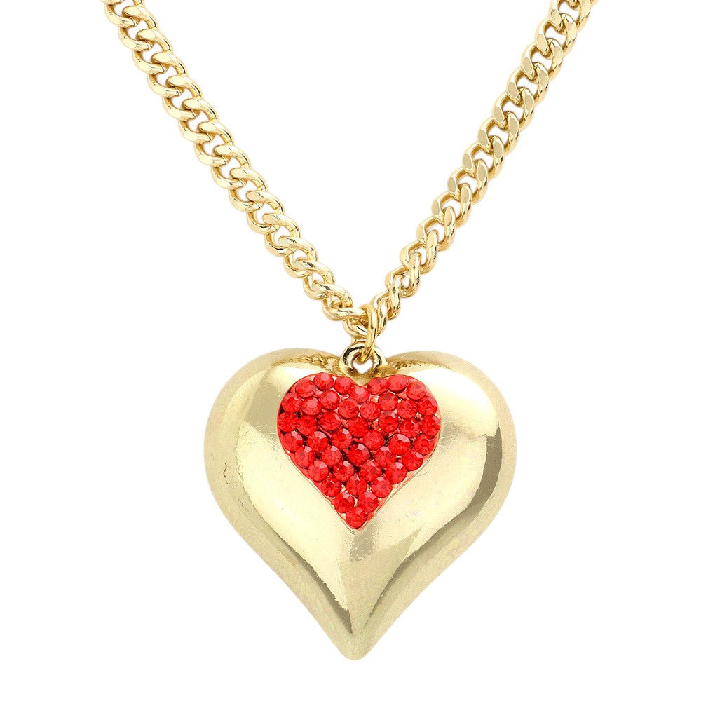 Gold Red Crystal Pave Chunky Heart Pendant Necklace is expertly crafted with sparkling crystals and a chunky heart charm. Add a touch of elegance to any outfit with this stunning necklace. Perfect for a special occasion or everyday wear, this necklace will make you feel confident and stylish.