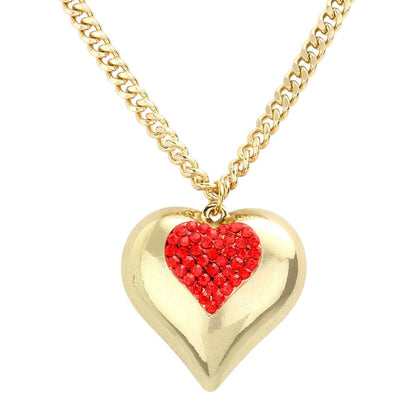 Gold Red Crystal Pave Chunky Heart Pendant Necklace is expertly crafted with sparkling crystals and a chunky heart charm. Add a touch of elegance to any outfit with this stunning necklace. Perfect for a special occasion or everyday wear, this necklace will make you feel confident and stylish.
