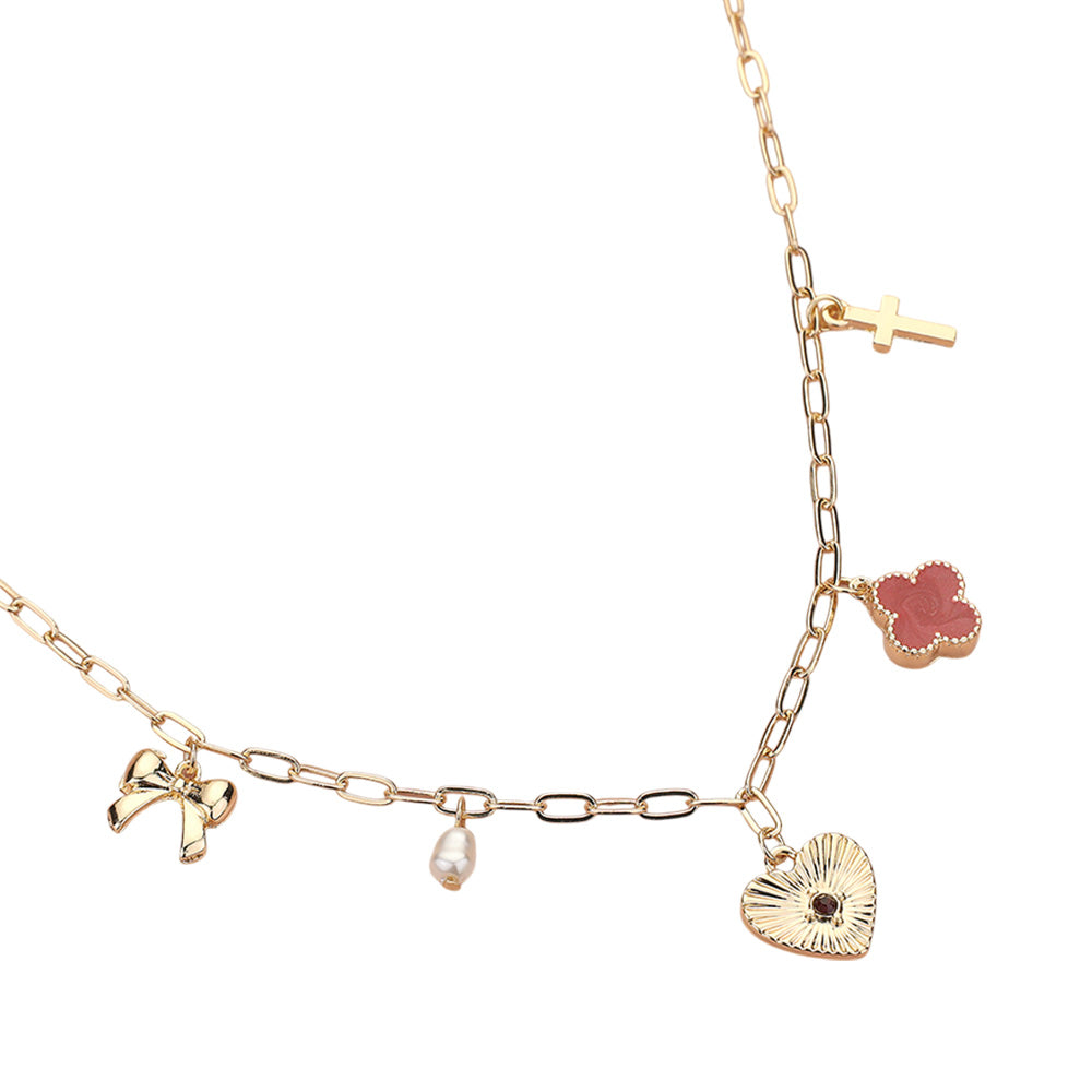 Gold Red Heart Bow Pearl Quatrefoil Cross Charm Station Paperclip Chain Necklace is a timeless addition to any jewelry collection. The delicate details of the heart-shaped charm and pearl quatrefoil cross add a touch of sophistication to any outfit. The sturdy paperclip chain ensures durability and easy wear. Perfect for any occasion, it's a must-have for every fashion-forward individual.