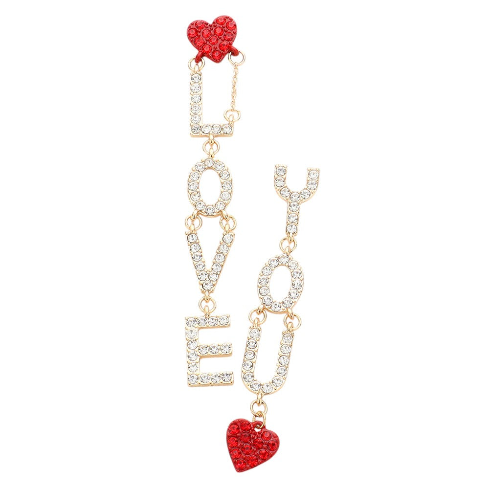 Gold Red OVE YOU Rhinestone Embellished Heart Message Mismatched Dangle Earrings are the perfect way to add a touch of romance and glamour to any outfit. Crafted with high-quality materials, these earrings feature rhinestone embellishments and a mismatched design that adds a unique twist. Show your love in style with these statement earrings.