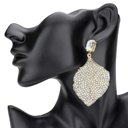Gold Rhinestone Embellished Leaf Dangle Earrings, are perfect for any special event. The rhinestones are carefully placed to create an elegant design. These earrings are sure to turn heads and make you stand out from the crowd. Perfect gift for fashion-loving family members and friends, young adults, or to gift yourself.