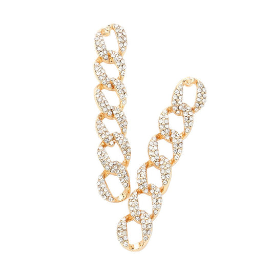 Gold Rhinestone Embellished Metal Chain Link Dangle Earrings, Enhance your style with these sophisticated earrings. Made from durable metal and shiny rhinestones, they offer an elegant and timeless look. Their alluring design allows you to make a bold statement. perfect for any special occasion or to gift someone special.