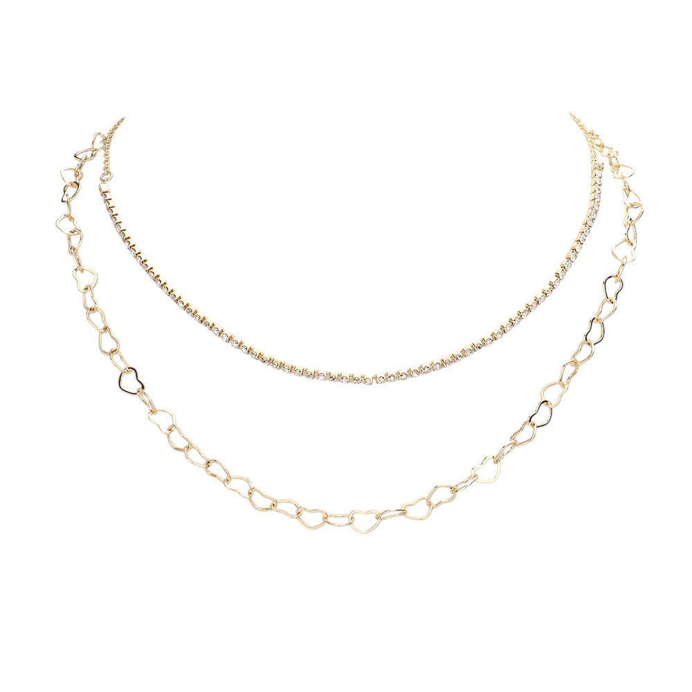 Gold Rhinestone Metal Open Heart Link Double Layered Necklace features a stunning combination of rhinestone-encrusted open heart links. This double-layered necklace will add a touch of elegance and glamour to any outfit, making it a perfect addition to your jewelry collection.