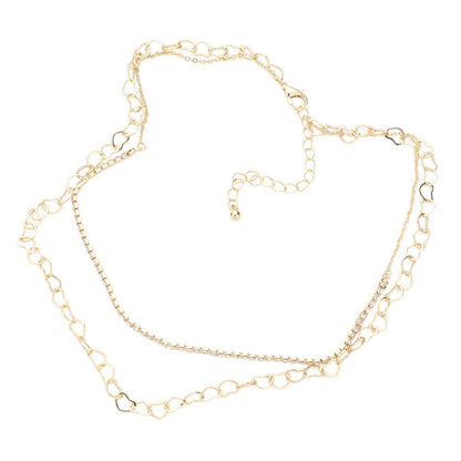 Gold Rhinestone Metal Open Heart Link Double Layered Necklace features a stunning combination of rhinestone-encrusted open heart links. This double-layered necklace will add a touch of elegance and glamour to any outfit, making it a perfect addition to your jewelry collection.