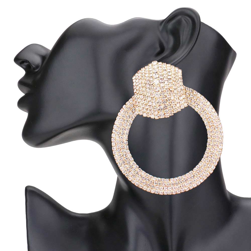 Gold Rhinestone Pave Hexagon Open Circle Evening Earrings, get ready with these evening earrings to receive the best compliments on any special occasion. These classy evening earrings are perfect for parties, Weddings, and Evenings. Awesome gift for birthdays, anniversaries, Valentine‚Äö√Ñ√¥s Day, or any special occasion.