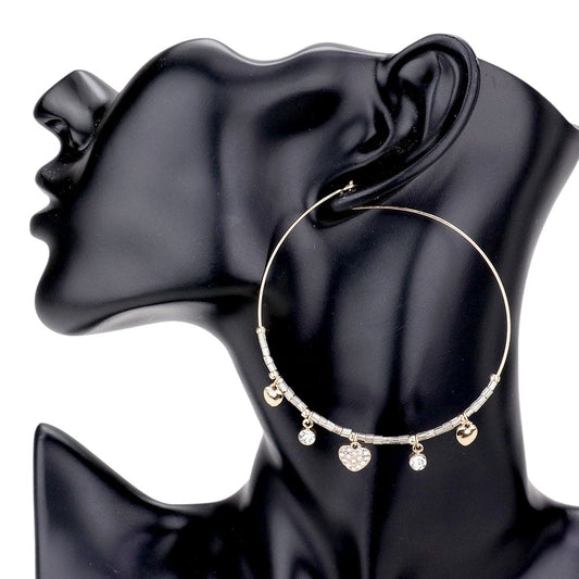 Gold Rhinestone Embellished Metal Heart Beaded Open Circle Earrings add a touch of elegance to any outfit. With intricate rhinestone details and a unique open circle design, these earrings are perfect for any occasion. Made with high-quality materials, these earrings are both stylish and durable. Upgrade your accessory game with these stunning earrings.