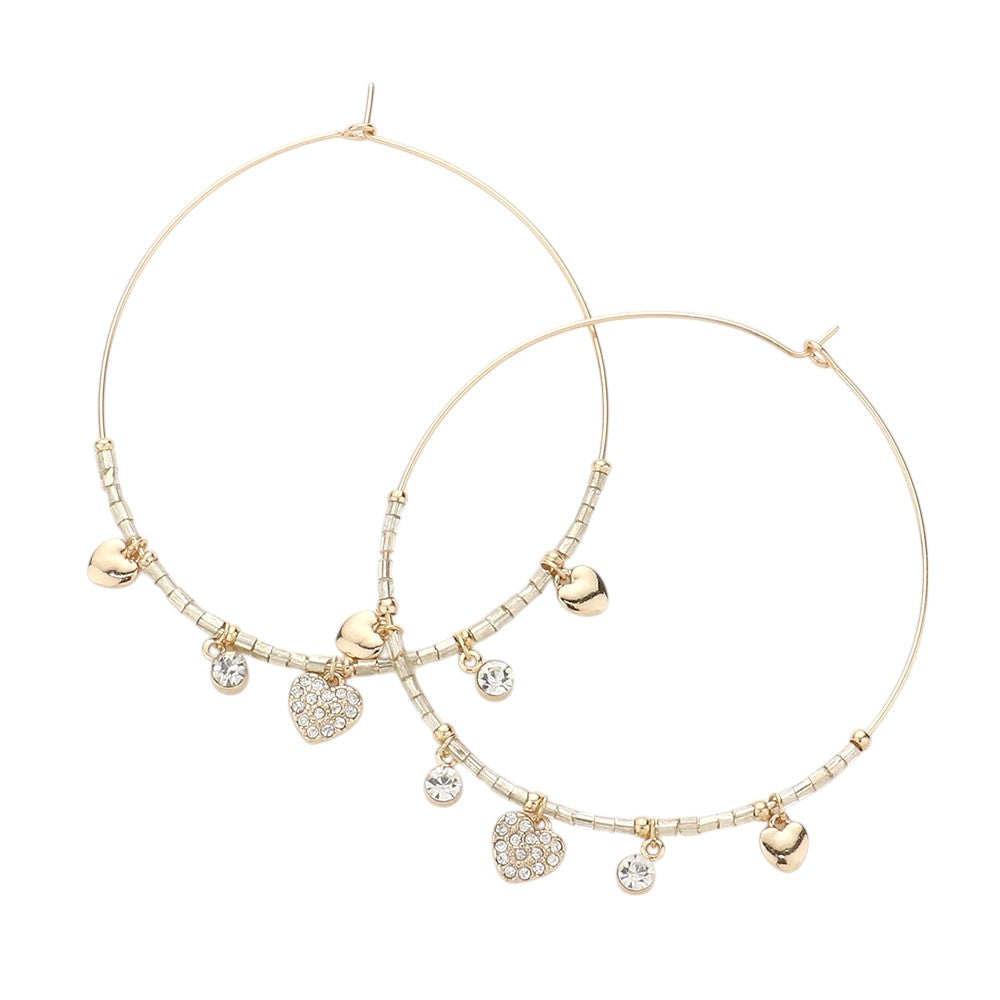 Gold Rhinestone Embellished Metal Heart Beaded Open Circle Earrings add a touch of elegance to any outfit. With intricate rhinestone details and a unique open circle design, these earrings are perfect for any occasion. Made with high-quality materials, these earrings are both stylish and durable. Upgrade your accessory game with these stunning earrings.
