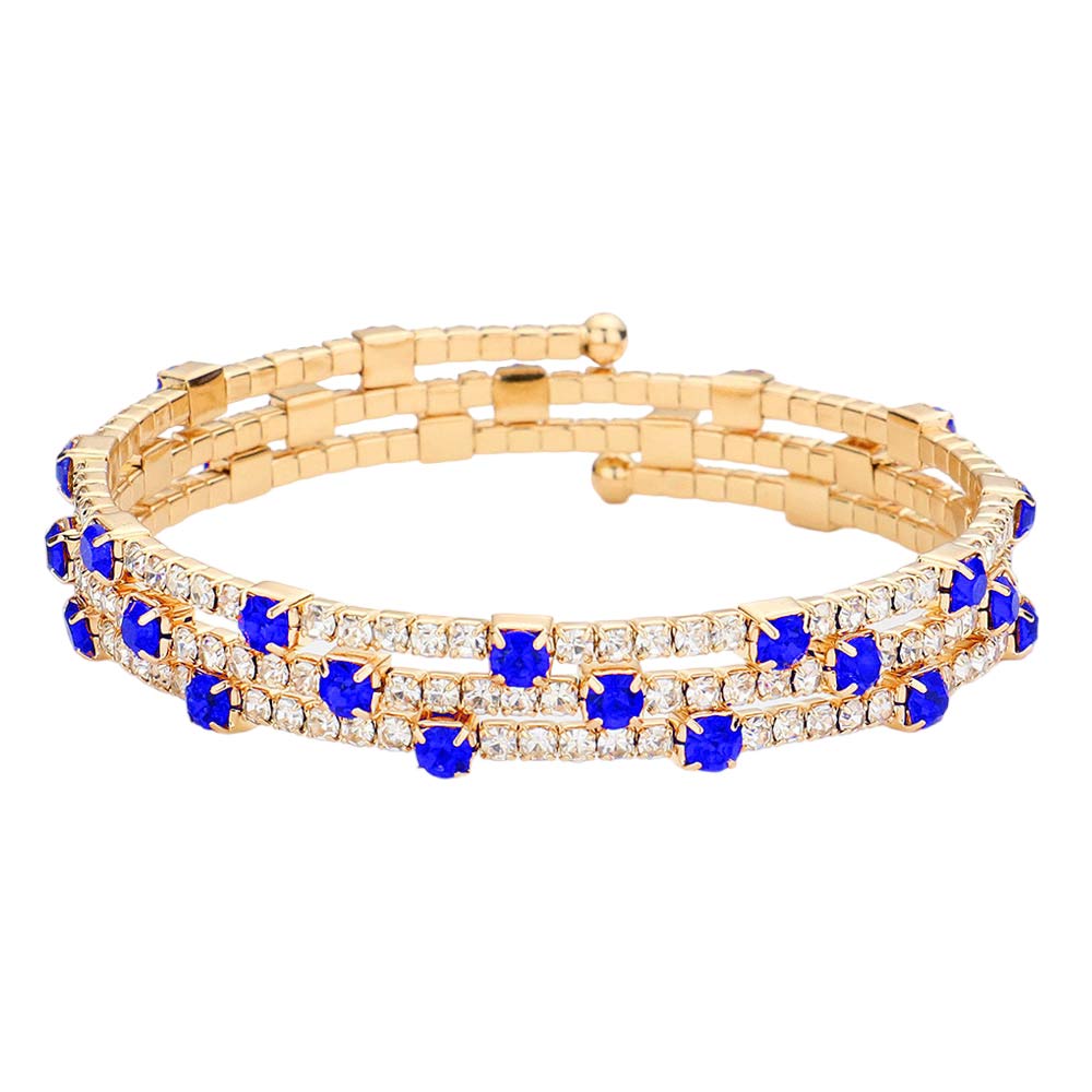 Gold Sapphire Rhinestone Coil Evening Bracelet, get ready with this rhinestone bracelet to receive the best compliments on any special occasion. This classy evening bracelet is perfect for parties, Weddings, and Evenings. Awesome gift for birthdays, anniversaries, Valentine’s Day, or any special occasion.