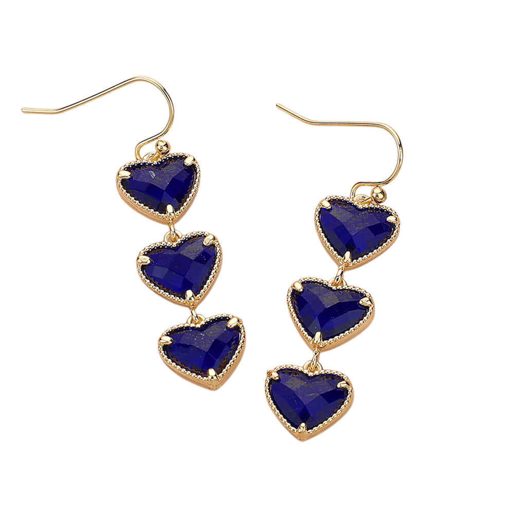 Gold Sapphire Triple Heart Stone Cluster Link Dropdown Dangle Earrings are a stunning addition to any outfit. Made with three delicate heart-shaped stones, these earrings exude elegance and femininity. The unique link and dropdown design adds a touch of modern sophistication. Perfect for any occasion and a must-have for any jewelry collection.