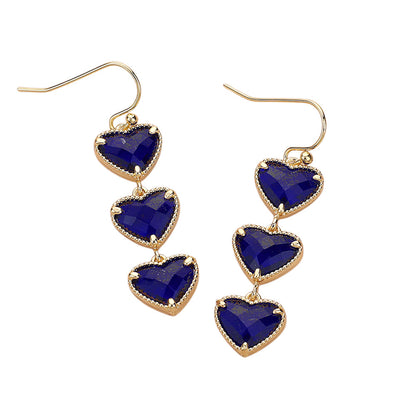 Gold Sapphire Triple Heart Stone Cluster Link Dropdown Dangle Earrings are a stunning addition to any outfit. Made with three delicate heart-shaped stones, these earrings exude elegance and femininity. The unique link and dropdown design adds a touch of modern sophistication. Perfect for any occasion and a must-have for any jewelry collection.