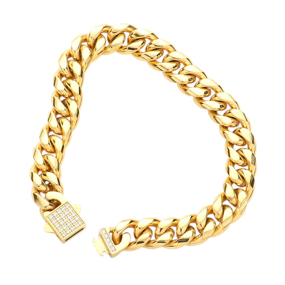 Gold Stainless Steel CZ Embellished Metal Chain Link Bracelet offers a sleek and stylish accessory for any outfit. Made with high-quality stainless steel, this bracelet is durable and resistant to tarnishing. The CZ embellishments add a touch of elegance, making it perfect for any occasion.