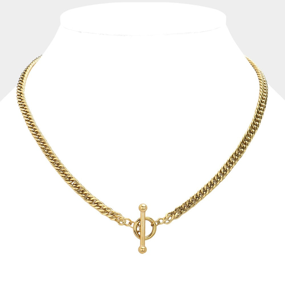 Gold Stainless Steel Chain Toggle Necklace is crafted from strong and durable stainless steel. The toggle clasp adds a touch of sophistication and security, making it a perfect accessory for any occasion. Its high-quality material ensures long-lasting wear, making it a great investment for your jewelry collection.
