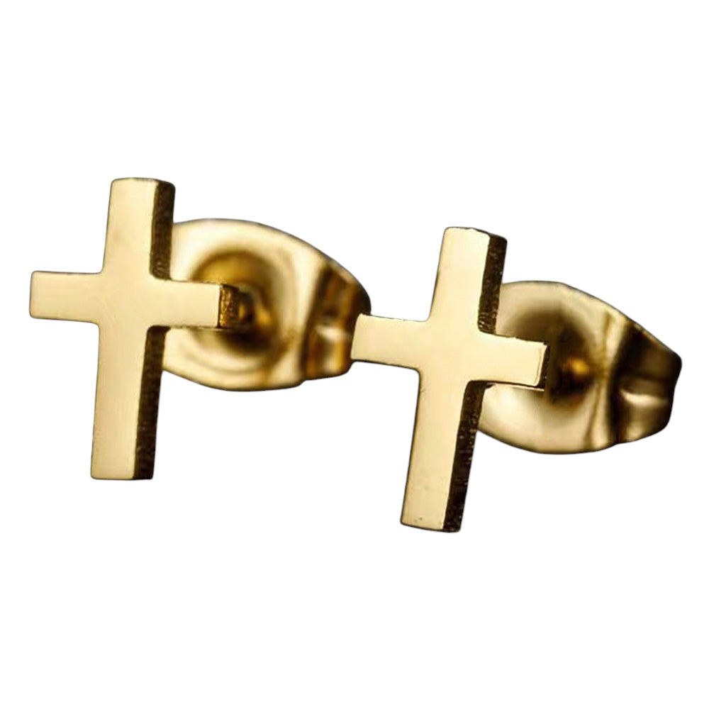 Gold Stainless Steel Cross Stud Earrings feature a simple yet striking design that showcases a symbol of faith. Made of durable stainless steel, they are lead and nickel compliant. With a post back closure and dimensions of 0.25" x 0.4", they are the perfect addition to any outfit.