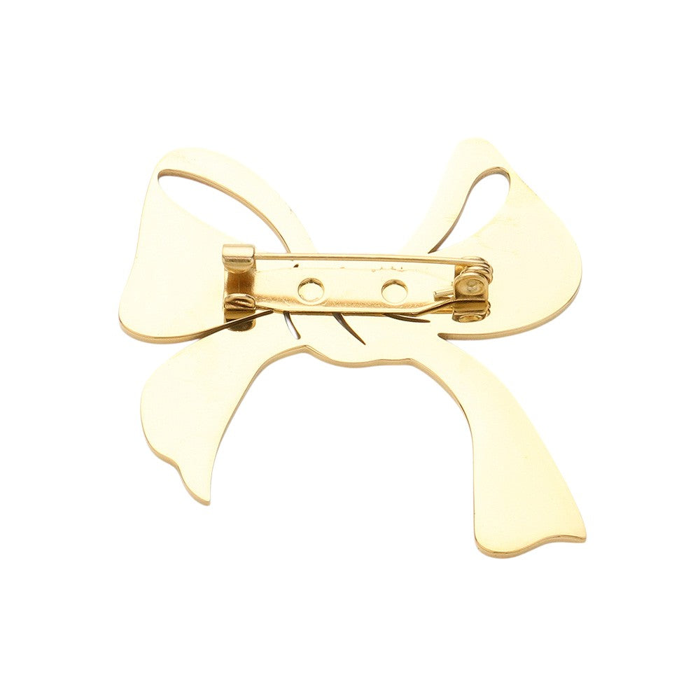 Gold Stainless Steel Cutout Bow Pin Brooch is the perfect accessory for any outfit. Made with high-quality stainless steel, this brooch is both durable and stylish. Its intricate cutout design adds a touch of sophistication to any look. Upgrade your wardrobe with this must-have piece that will never go out of style.