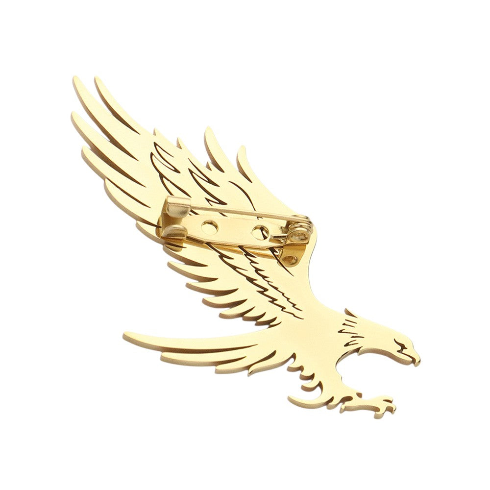 Gold Stainless Steel Cutout Eagle Pin Brooch features a sleek and durable design. Crafted from high-quality stainless steel, it offers an elegant and long-lasting accessory for any outfit. The cutout eagle design adds a touch of sophistication and showcases your passion for nature and wildlife. Elevate your style with this versatile and statement-making piece.
